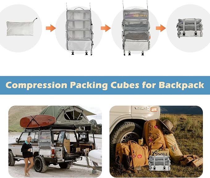 Surblue Travel Hanging Packing Cubes with 2 Hooks Hanging Shelves for Luggage Organizers Portable Compression 4 Shelf Closet Carry-on Suitcases Organizers, Medium, Lightgrey