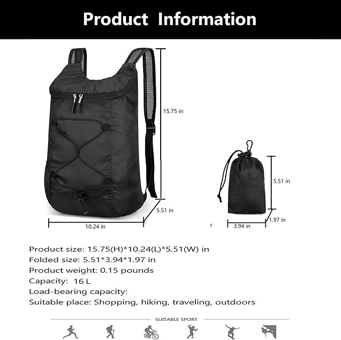 16L Lightweight Foldable Hiking-Backpack Small Packable-Daypack For Travel,Ultralight Water-Resistant Gym Bag Men Women Easy Carry-on (Black)
