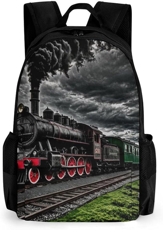 Polyester Daypack Backpack for Climbing Outdoors Running, Big Capacity Multipurpose Anti-Theft Bookbag, Old Train Dark Sky Travel Hiking Camping Rucksack