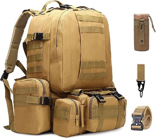 60L Tactical Backpack Military 3-Day Assault Pack, Waterproof Molle System Rucksack with Detachable Bag, Survival Bug Out Backpack for Men & Women(Brown)