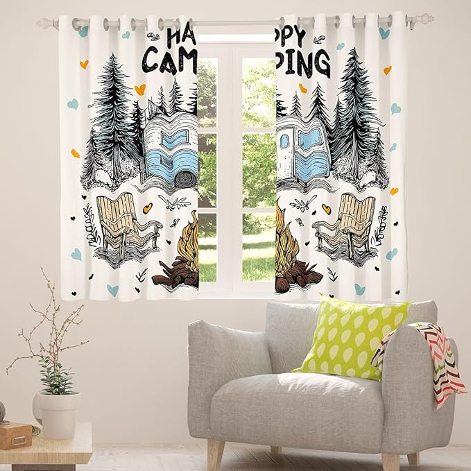 Feelyou Camping Camper Rv Blackout Curtains Rustic Farmhouse Camper Darkening Drapes for Bedroom Living Room Decor Happy Camping Thermal Insulated Shades Window Treatments, 2 Panels 42 x 90 Inch