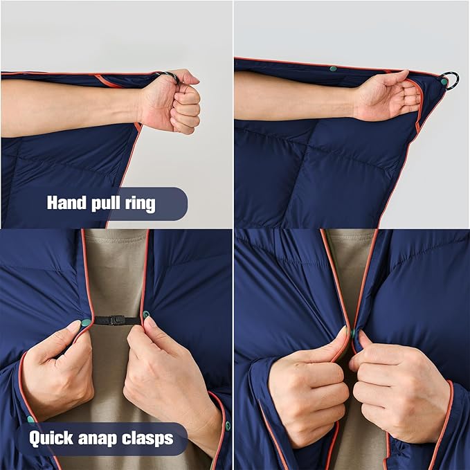 Down Camping Blanket - Navy Blue, 1lb 6oz / 77 * 52'' Lightweight Packable Warm Puffy Travel Quilt with Footbox, 650 Fill Power Waterproof Outdoor Blankets for Hiking, Travel Down Quilt