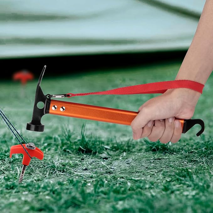 Aluminum Camping Hammer, 3-In-1 Functional Tent Stake Hammer with Puller, Lightweight Tent Mallet for Camping, Hiking & Backpacking, Orange