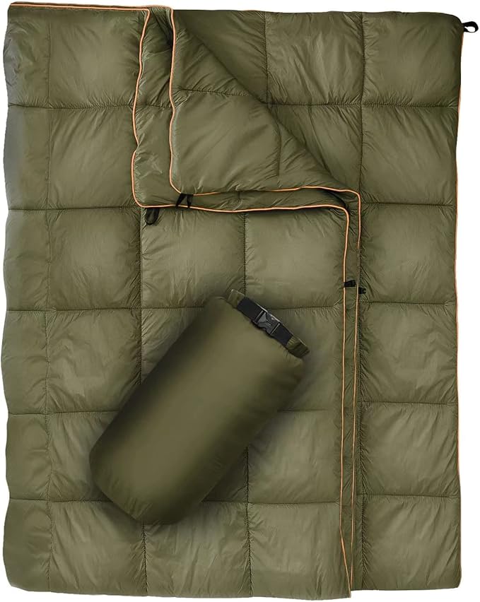 Outdoor Puffy Camping Blanket, Lightweight Down Alternative Puffy Printed Camping Large Ultra Warm Hammock Top Quilt Waterproof Blanket for Traveling Picnic Beach Party Cold Weather (Olive)