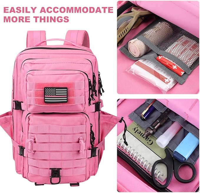 45L MOLLE Assault Backpack, Tactical Backpack Military Army Camping Rucksack with Bottle Holder, 3-Day Pack Trip w/USA Flag Patch, D-Rings, Pink