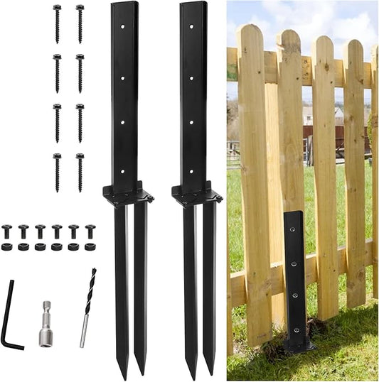 TOPZEA 2 Pack Fence Post Repair Kit, Heavy Duty Steel Stabilizer Stakes, Ground Anchors Spike to Fix Leaning/Tilted/Broken Wood Posts, Metal Support for Garden & Yard Fencing, Black