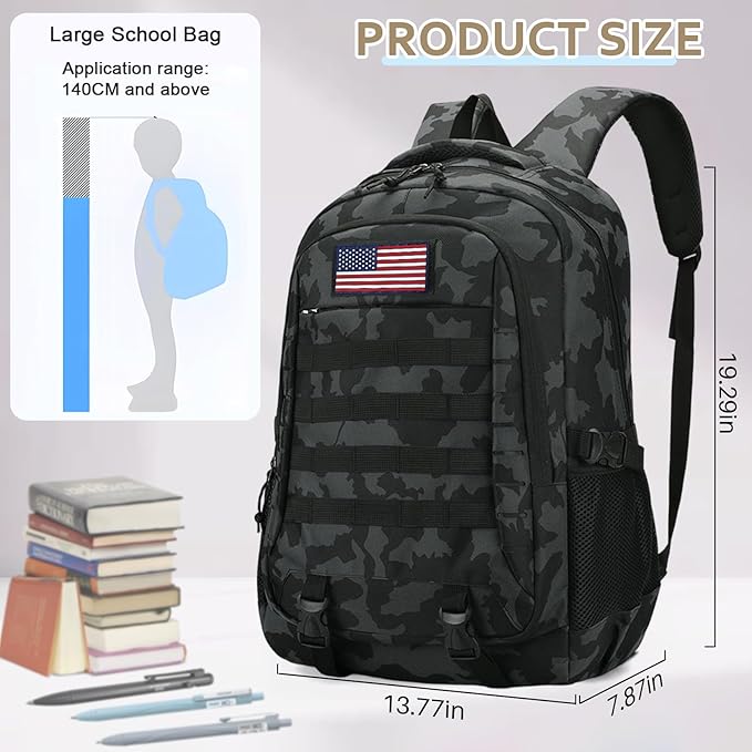 19'' Camo Backpack for Boys - Waterproof Tactical Bookbag for 15.6" Laptop Sleeve & MOLLE System for School Camping Travel