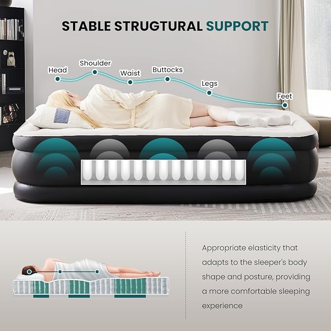 DUMOS Queen Air Mattress - 16" Inflatable Blow Up Airbed with Built-in High Capacity Pump, Double Height, Non-Slip Bottom Design, Weight Capacity 660 lbs Air Bed for Home or Camping
