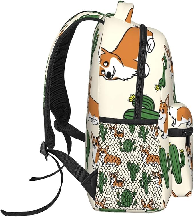 Daypack Backpack Anti-Theft Multipurpose Large Capacity Carry On Bag, Corgi Dog Cactus Traveling Camping Backpack With Side Pockets