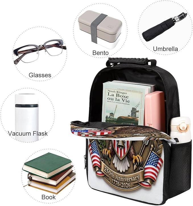 Men Women Lightweight 250 Years 1776-2026 250th Birthday Eagle Liberty Art Backpack Large Capacity Bookbag With Smooth Zippers for Gym Business Running