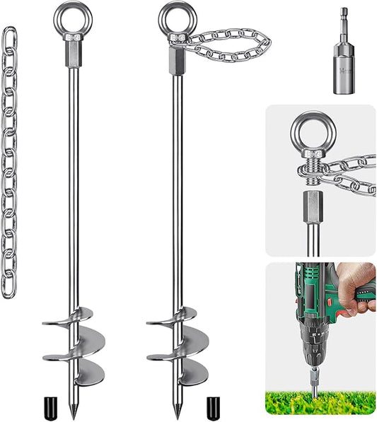 30'' Ground Anchors Screw in with Chain, Heavy Duty Trampoline Stakes, 2pcs Trampoline Anchors, Mobile Home Anchors for Camping Tents, Carports, Sheds, Swing Sets