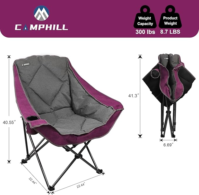 CAMPHILL Folding Camping Chair,Oversized Portable Camping Chair with Cup Holder,Heavy Duty Padded Lawn Chair for Camping, Tailgates, Beach, and Sports