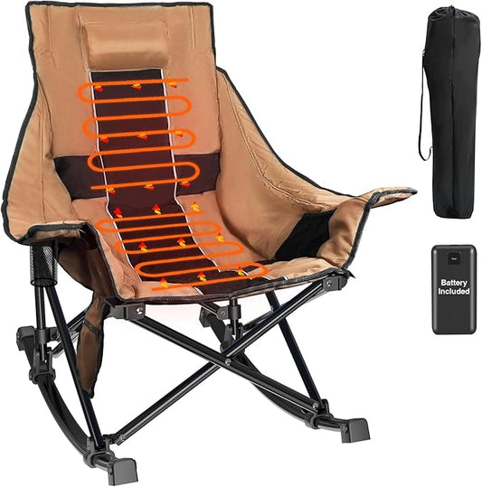 Slendor Heated Rocking Chair, Oversized Heated Camping Chair w/ 3 Levels Heat for Back+Seat, Heated Rocking Camping Chair with 20000 mAh Power Bank, Pillow, Side Pocket, Padded, Carry Bag, Tawny