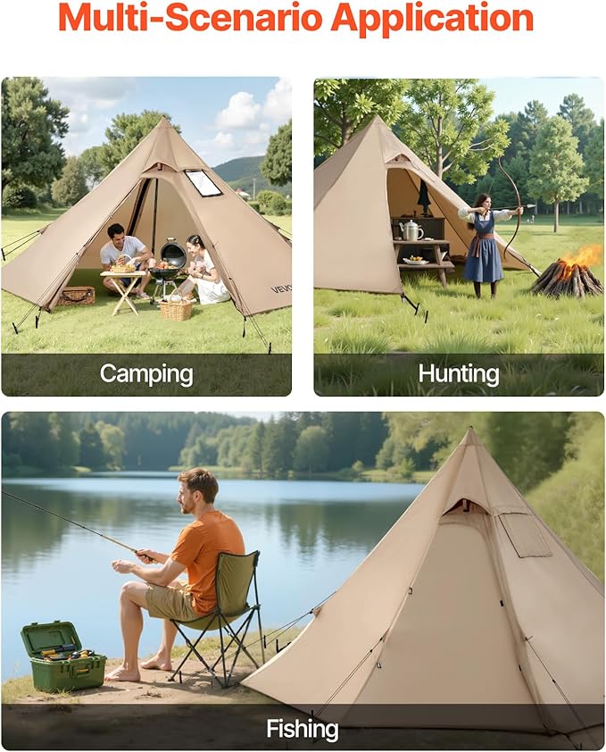 VEVOR Hot Tent, Camping Tipi Hot Tents with Stove Jack, Portable Winter Camping Tents with Snow Skirt, Easy Setup, Waterproof 4 Season Shelter Tents for Fishing Backpacking