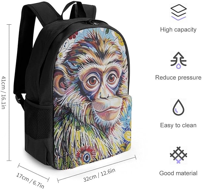 Supdreamc Men Women Lightweight Colorful Animal Monkey Flower Daypack Bookbag Big Capacity Carry On Bag With Side Pockets for Camping Travel Bicycle