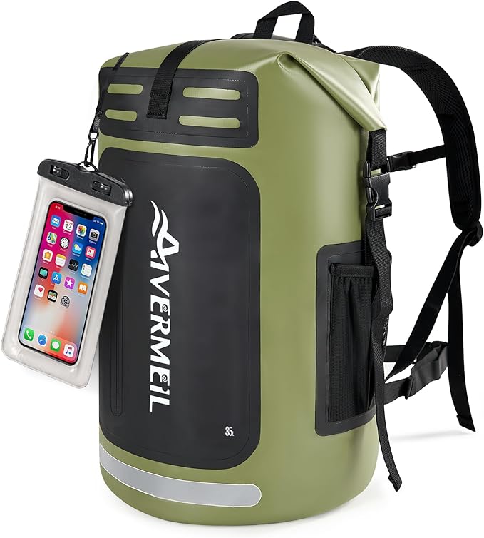 Dry Bag Waterproof Backpack 35L for Men & Women Roll-Top Hiking Backpack with IPX8 Waterproof Phone Case for Kayaking Boating Cushioned Padded Back Green