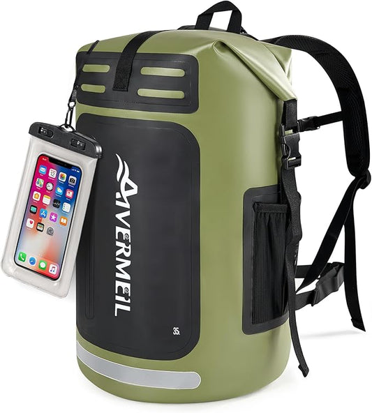 Dry Bag Waterproof Backpack 35L for Men & Women Roll-Top Hiking Backpack with IPX8 Waterproof Phone Case for Kayaking Boating Cushioned Padded Back Green