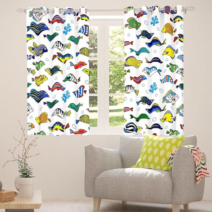 Manfei Cute Fish Blackout Curtains Marine Fish Animals Life Window Drapes,Ocean Fishing Theme Window Treatments,Kids Boys Girls Room Decor,Grommet Top 2 Panel Set Bedroom Curtains, 52Wx96L inch
