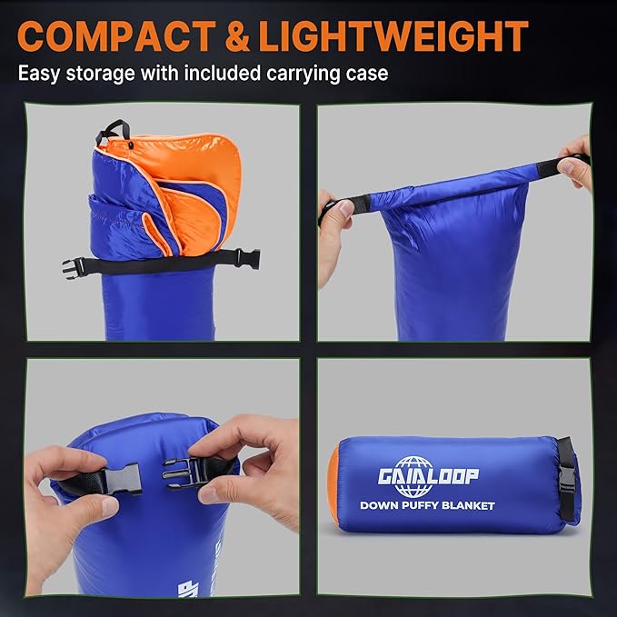 Down Puffy Blanket for 2 Person Car Camping Outdoor Travel Backpacking, 80% Duck Down & 20% Feather Lightweight Portable Soft Warm Cozy Camping Blanket Quilt, Lake Blue