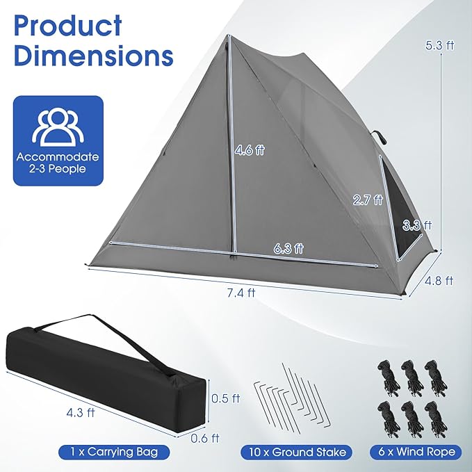 Goplus Pop-up Camping Tent 2-3 Person, 360° One-Way See-Through Family Tent, Waterproof Windproof 4-Season Shelter Tent w/Carry Bag, Rainfly, Easy Setup Portable Tent for Backpacking Hiking Outdoor