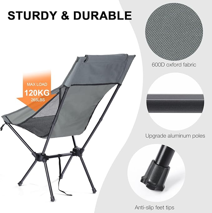 Foldable Lightweight High Back Camping Chair for Outdoor, Portable Travel Chair for Adults, Gray