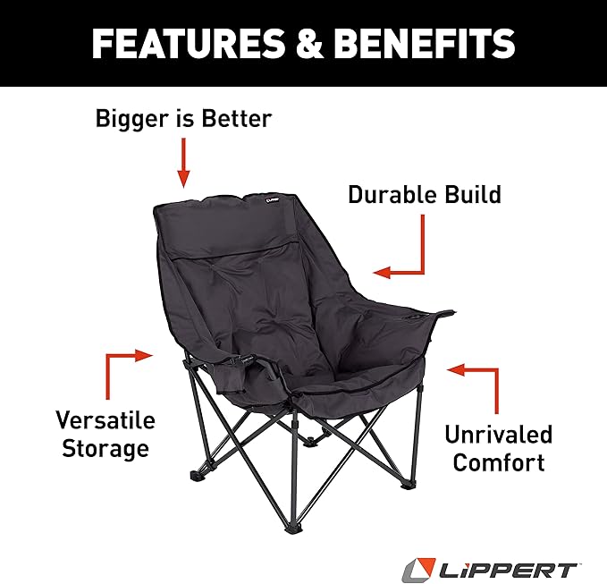 Lippert Big Bear Padded Camping Chair with 400-lb. Weight Capacity, Carry Bag, Durable Mesh Fabrics, High-Loft Cushioning, Dual Cupholders, Stemmed Wine Glass Holder (Dark Grey) - 2021010669