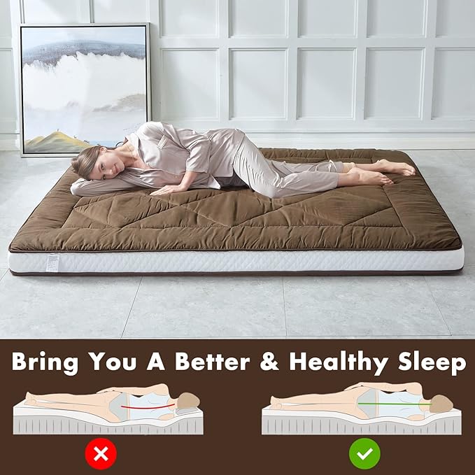 Japanese Floor Futon Mattress - Thicken Sleeping Pad, Foldable & Portable Roll Up Camping Mattress, Coffee Twin