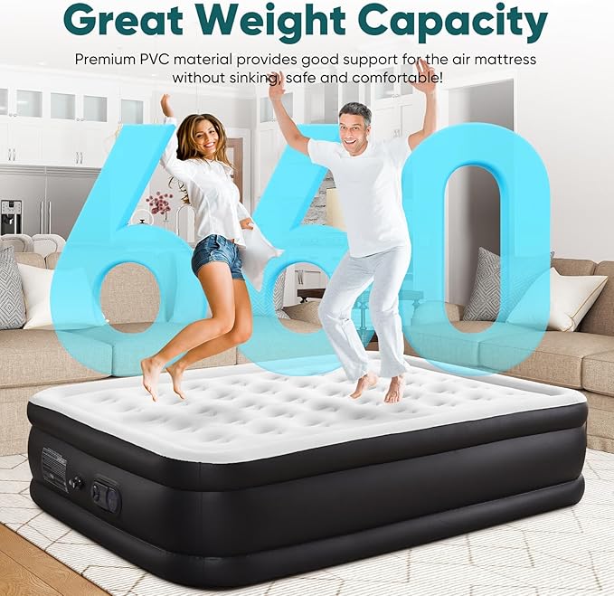 Sweetcrispy Queen Air Mattress - 16" Inflatable Blow Up Airbed with Built-in High Capacity Pump, Double Height, Non-Slip Bottom Design, Weight Capacity 660 lbs Air Bed for Home or Camping