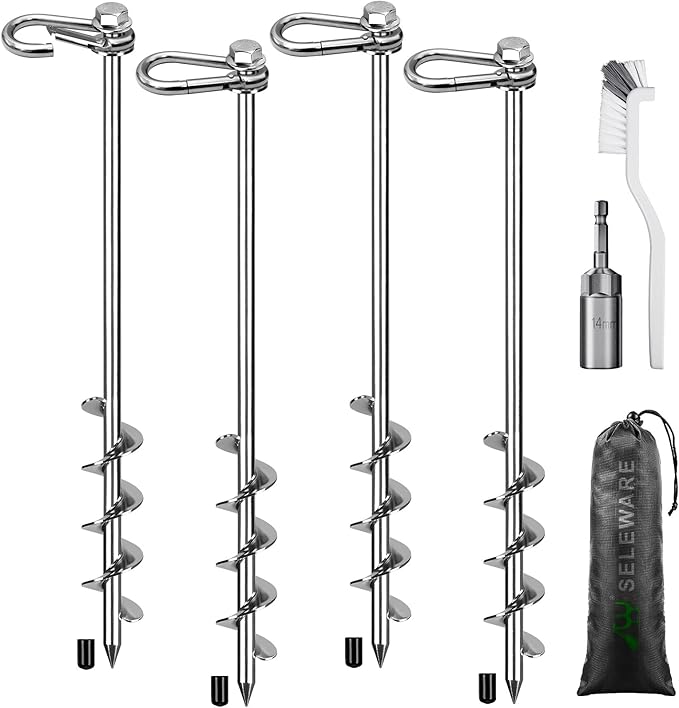 SELEWARE 4 Pack Trampoline Stakes Heavy Duty Ground Anchors High Wind Trampoline Stakes Anchors Spiral Earth Anchors for Secure Animals Trampolines Tents Shed Swing Set Mobile Homes Carport