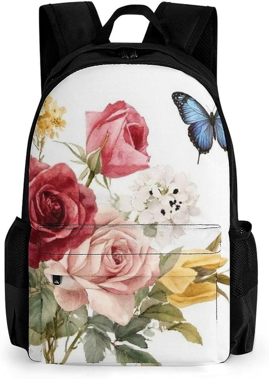 Lightweight Backpack for Gym Travel Bicycle, Big Capacity Multipurpose Anti-Theft Carry On Bag, Flower Shabby Chic Roses Buds Leaves Tulips Floral Butterfly Travel Hiking Bag Day Pack