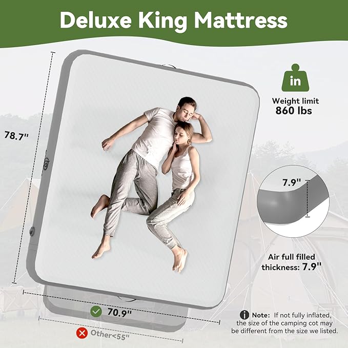 Ultra-Large Double Mattress Sleeping Pad, King-Sized Inflatable Mattress Camping Cot for Family Use, Portable Sleeping Pad for Camping with Pump Bag, 70.9" Wide Air Bed