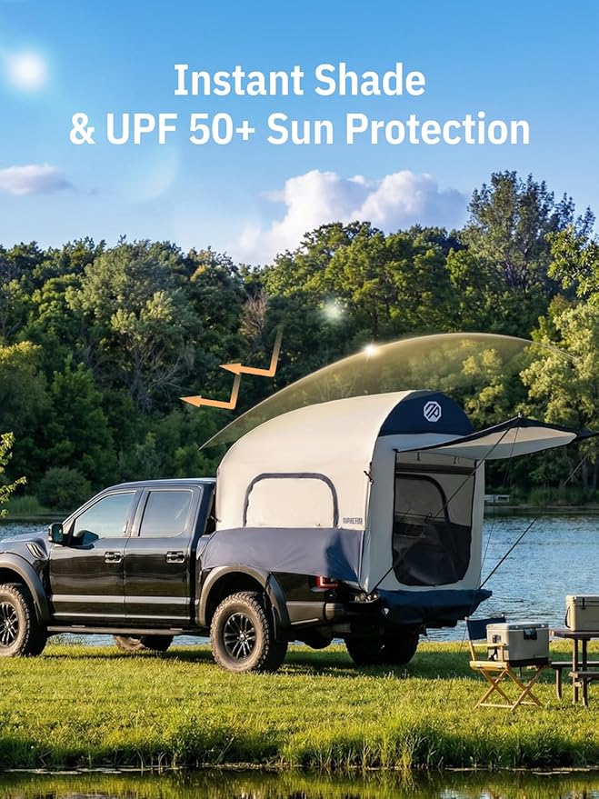 Niphean Truck Bed Tent 5.5ft with Awning Shade, 2 Mins Fast Setup Inflatable Pickup Truck Tent, for 2+1 People, PU 3000mm Waterproof, UPF 50+ Sunproof & High-Strength Windproof, Camp Anywhere You Park