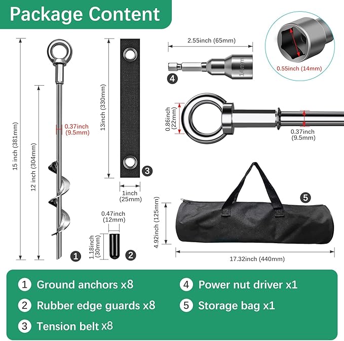 Phopich Ground Anchors Screw in, Swing Set Anchors Heavy Duty Tent Stakes Trampoline Anchors, 15" Spiral Earth Anchors with Straps for High Winds
