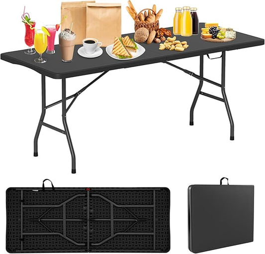 Folding Table, HDPE Portable Table with 6 ft Long Tabletop, Metal Frame Picnic Camping Table with Safe Lock, Collapsible Dining Table for Camping, Picnic, Party (Black, 6 FT)