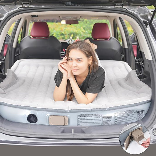 KMZ Portable SUV Air Mattress - Built-in Electric Pump for Fast Inflation - Soft Flocked Surface Car Bed - Ideal for Road Trips & Outdoor Camping - Grey