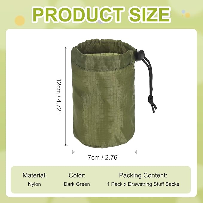 Stuff Sack, Nylon Waterproof Storage Sacks Portable Drawstring Dry Stuff Bag Gear Organization with Toggle, 3x5Inch Fit for Backpacking Camping Traveling Hiking(Dark Green)