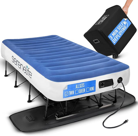 SereneLife (Twin) EZ Bed Air Mattress with Frame and Rolling Case - 3 Min Self Inflating Air Bed with Upgraded U-Coil Mattress and Premium Soft Flocked Top, Wall Plug AC Powered Inflate and Deflate