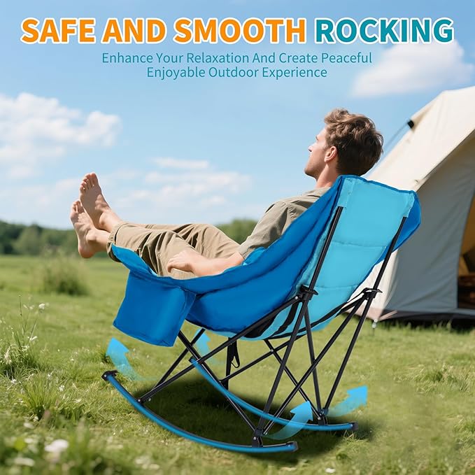 Oversized Rocking Camping Chair for Adults - Padded Recliner Rocker - Folding Lawn Chair with Cooler Bag and Pockets - Portable Rocker Chair Outdoor for Camp Patio Backyard