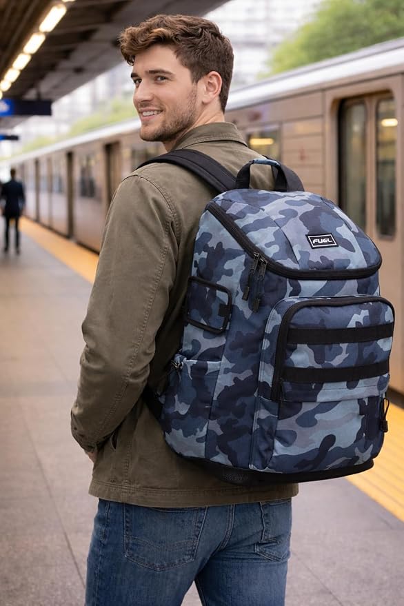 FUEL Travel Laptop Hiking Backpack Carry On Airline Approved Luggage Bag Carry On Large Backpack, Black Midnight Blue Camo