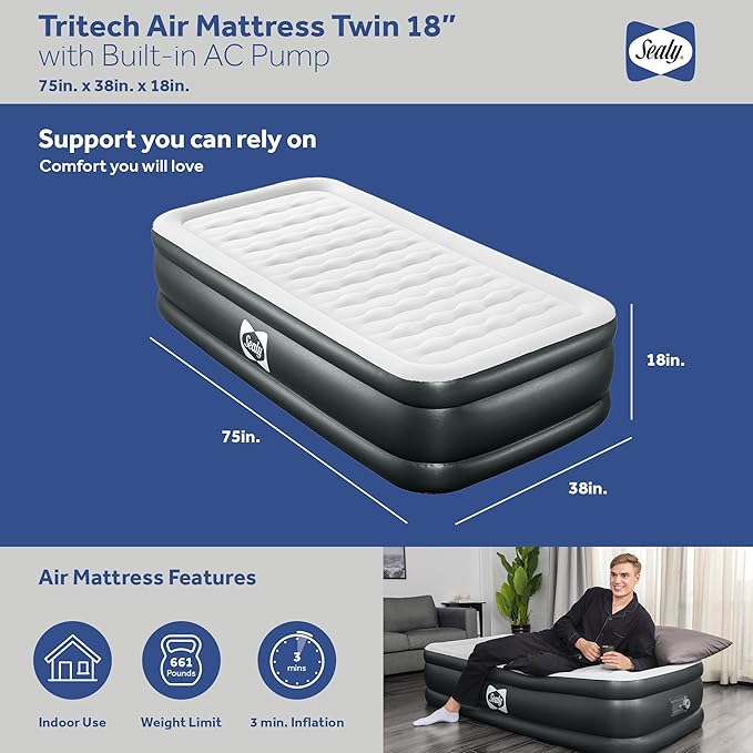 Sealy Tritech Twin Sized 18" Air Mattress Bed 2 Person w/Built-in AC Pump & Bag