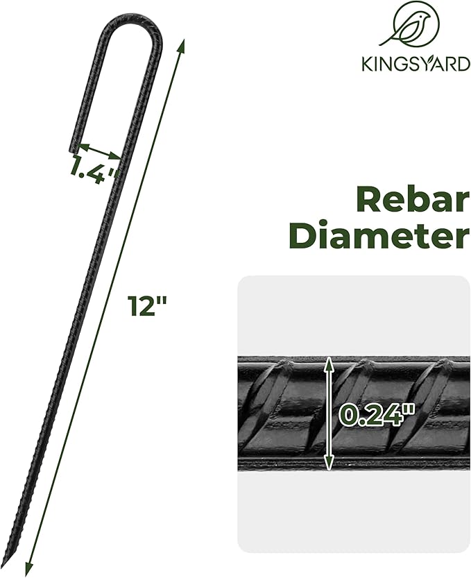 Kingsyard 20 Pack Tent Stakes Heavy Duty, 12 Inch 1/4 Inch Diameter J Shape Hook Rebar Stakes, Galvanized Steel Ground Anchors Metal Spikes for Yard, Hoses Landscape, Chain Link Fence, Black