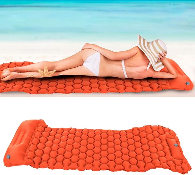 Inflatable Camping Sleeping Pad Mat, Ultra Lightweight Air Cushion Mattress for Tent Hiking Travel, 2 Way Valve Design with 40D Nylon Fabric and TPU Laminate, Compact Foldable (Orange)