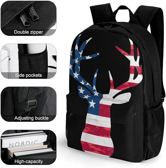 Supdreamc Polyester Daypack Backpack for Climbing Outdoors Running, Big Capacity Multipurpose Anti-Theft Bookbag, Camo Deer Hunting Camouflage Usa Flag Travel Hiking Camping Rucksack