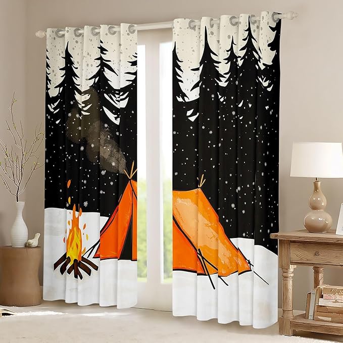 Erosebridal Tent Camping Window Curtains 42" Wx90 L Camping Adventure Blackout Curtains for Bedroom Living Room,Camper Pine Trees Campfire Window Treatments Rustic Farmhouse Drapes Decor 2 Panels