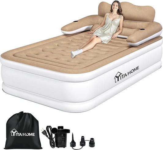 YITAHOME FullXL Size Air Mattress with Headboard and Built-in Pump, 18in Blow Up Mattress with Carry Bag, Repair Kit, and Nozzles for Home, Camping, and Travel, Brown