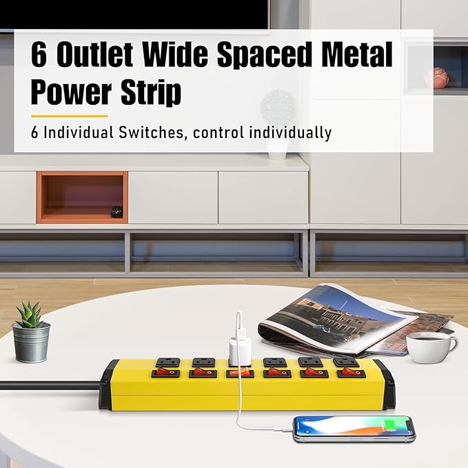 ANNQUAN 6 Outlet Metal Power Strip with 6 Individual Switches,Heavy Duty Power Strip 1200J 15A 10FT Cord Home Office Industrial Commercial Shop