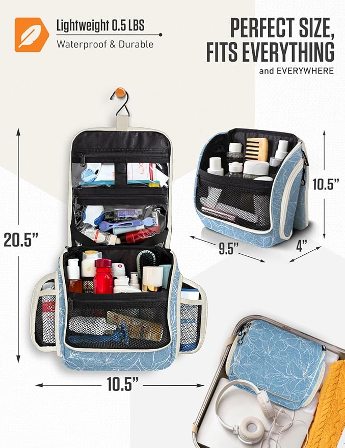 VENTURE 4TH Hanging Travel Toiletry Bag for Women & Men – Large Toiletry Organizer with 17 Compartments, Removable TSA Pouch, Travel Wash Bag for Toiletries, Makeup & Shaving Kit (Blue Flowers)