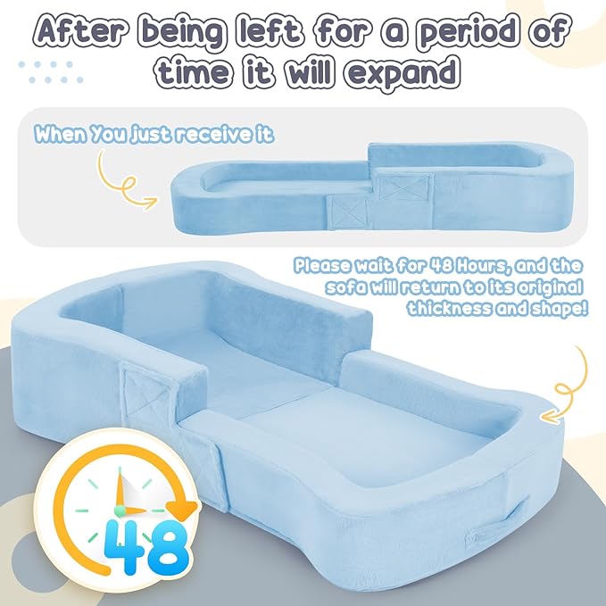 Toddler Travel Bed, 2-in-1 Foldable Portable Toddler Bed Sofa Chair, Soft Baby Kids Travel Floor Cot with Washable Covers Safety Foam Raised Bumper for Camping Hotel Sleeping (Blue)