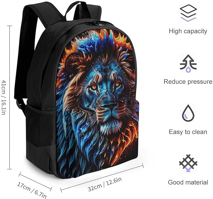 Men Women Polyester Cool Lion Fire Surreal Style Art Daypack Big Capacity Shoulder Bag With Smooth Zippers for Hiking Work Walking Cycling