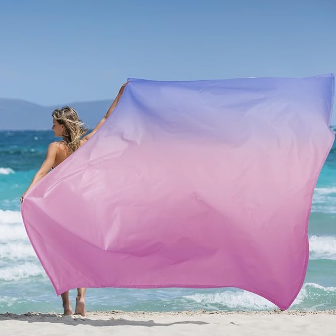 Large Beach Blanket Waterproof Sandproof, Blue Pink Gradient Weighted Polyester Picnic Blanket Windproof w/Stakes and Sand Pockets, Outdoor Camping Beach Mat Sand Free Fits 8 Adult for Travel, Hiking